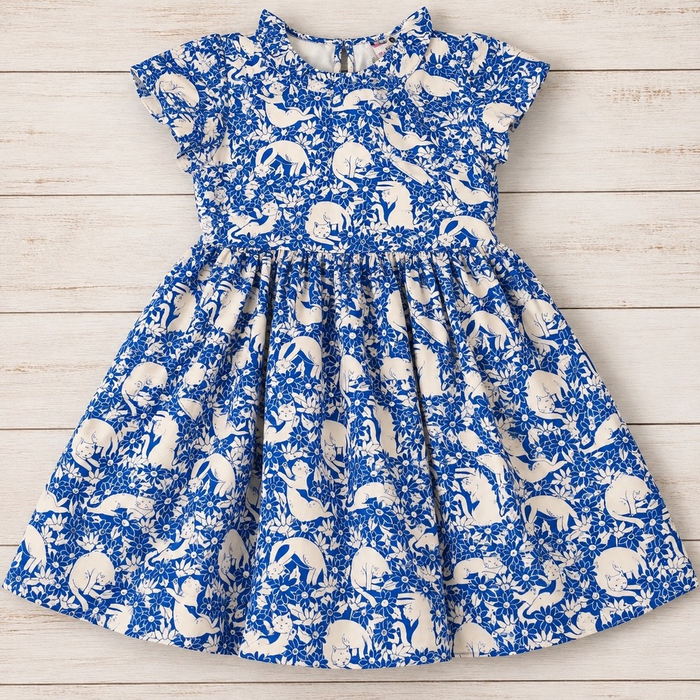 Mini Boden Girls Blue White Floral Cat Print Jersey Dress Size 4-5Y